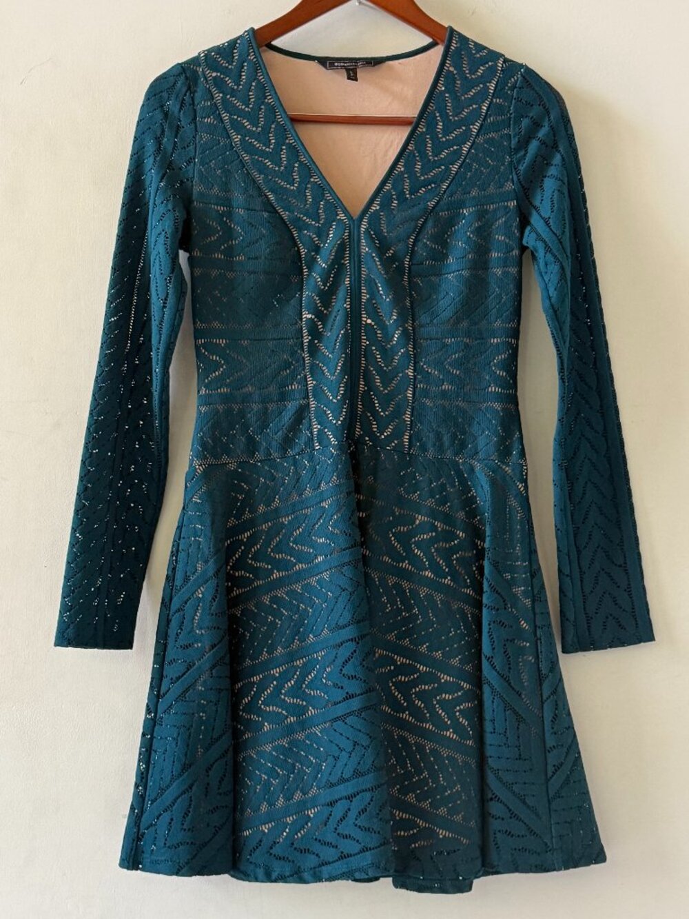 BCBGMAXAZRIA XS Teal Lace Long Sleeve Fit & Flare Dress